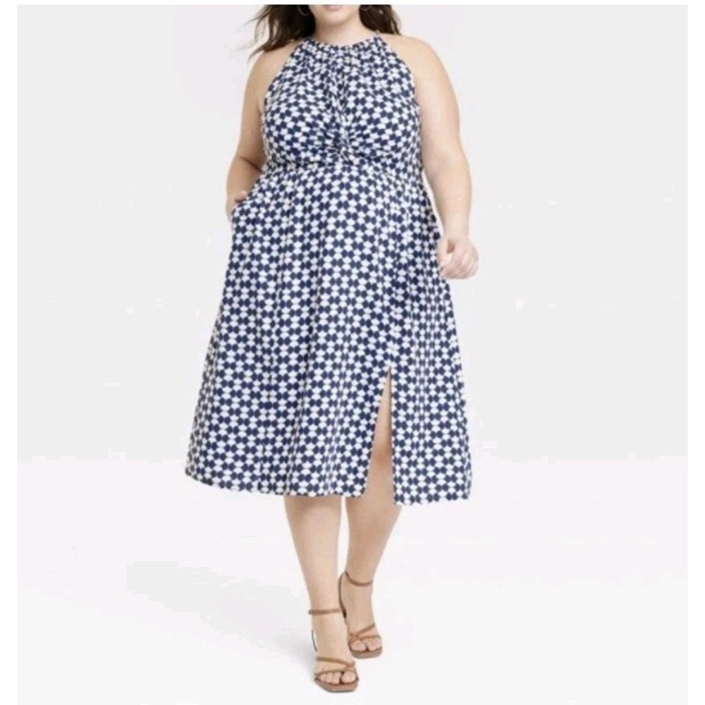 NEW Ava & Viv White Blue Linen Blend‎ Geometric Halter Midi Dress Size 2X